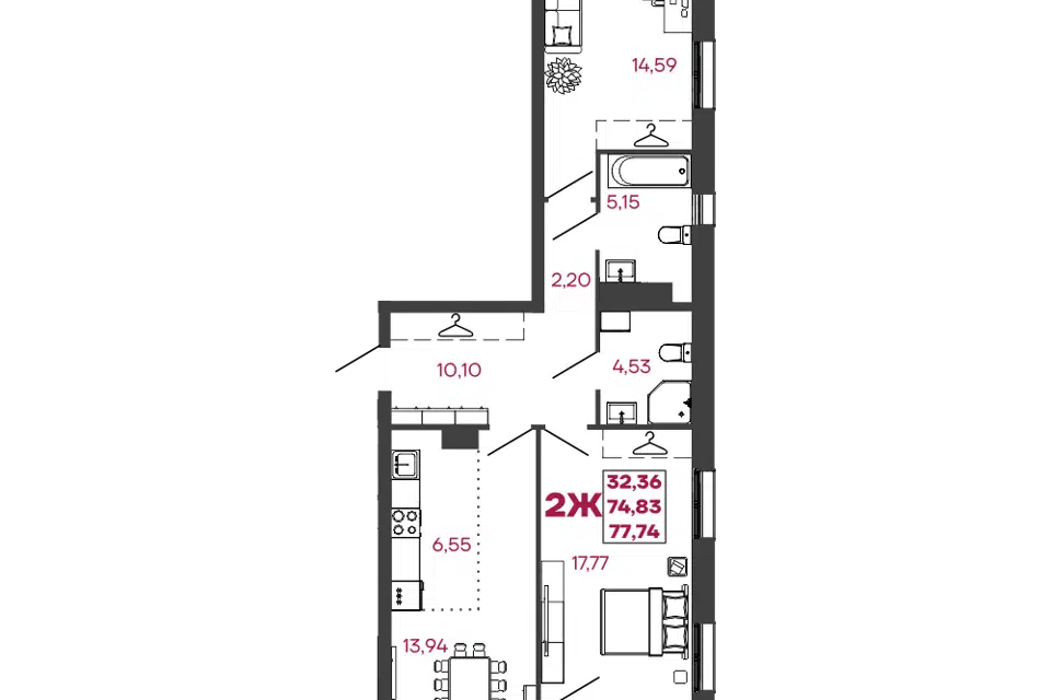 Продаётся 2-комнатная квартира, 77.74 м²