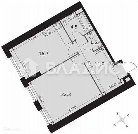 Продаётся 1-комнатная квартира, 56 м²