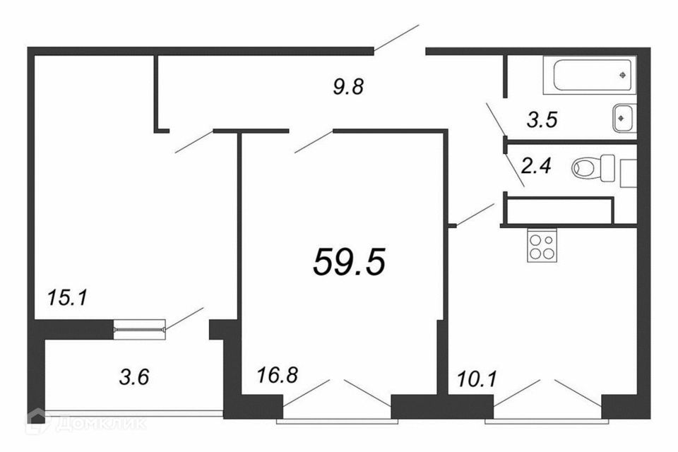 Продаётся 2-комнатная квартира, 59.8 м²