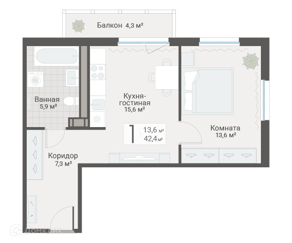 Продаётся 1-комнатная квартира, 42.4 м²
