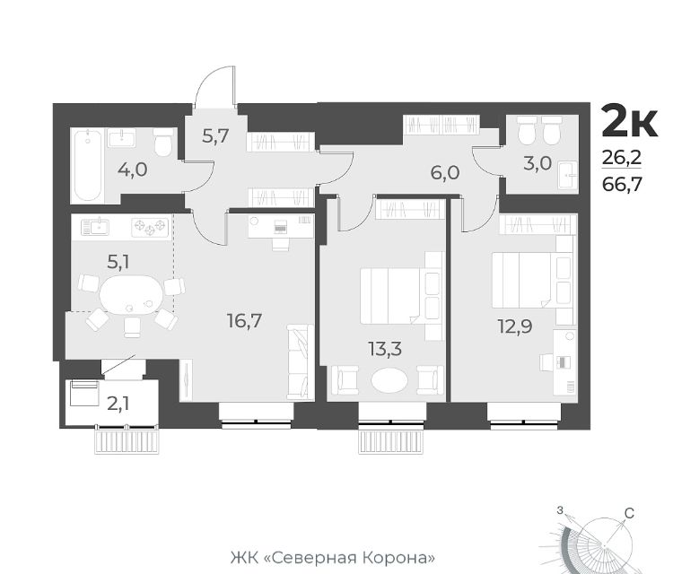 Продаётся 2-комнатная квартира, 66.7 м²