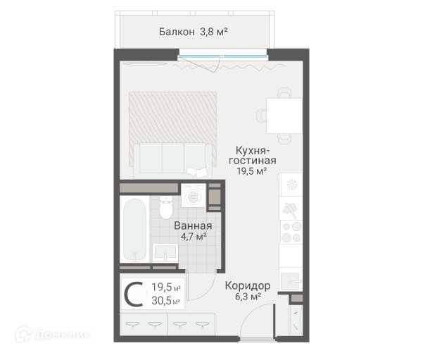 Продаётся студия, 30.5 м²