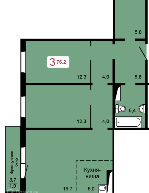 Продаётся 3-комнатная квартира, 77 м²