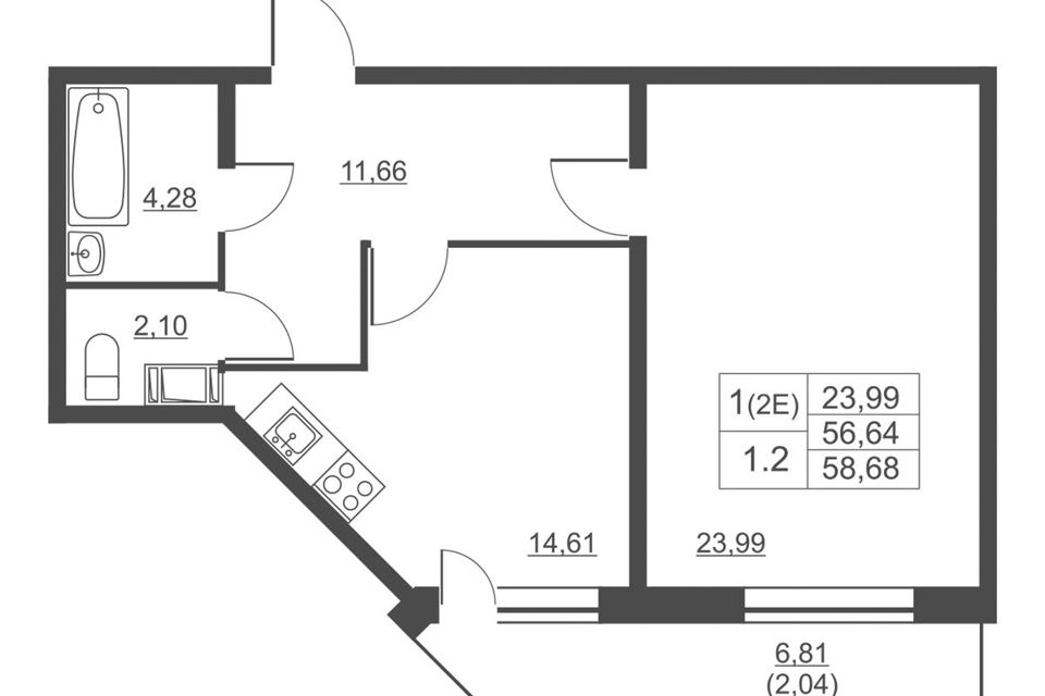 Продаётся 1-комнатная квартира, 56.3 м²