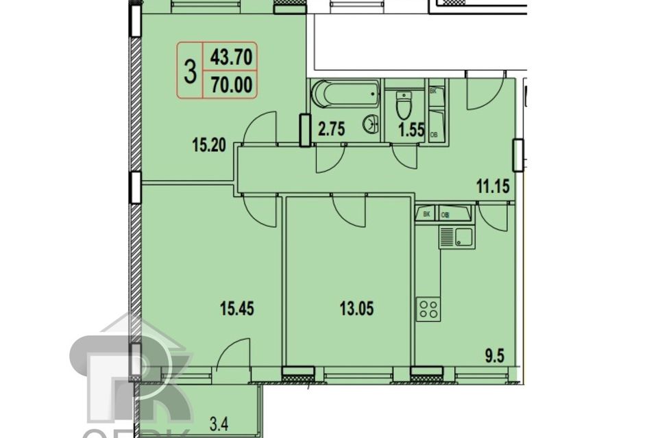 Продаётся 3-комнатная квартира, 70 м²