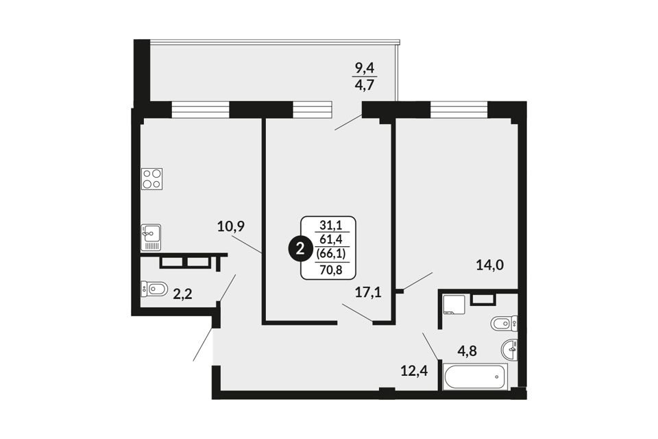 Продаётся 2-комнатная квартира, 66.1 м²