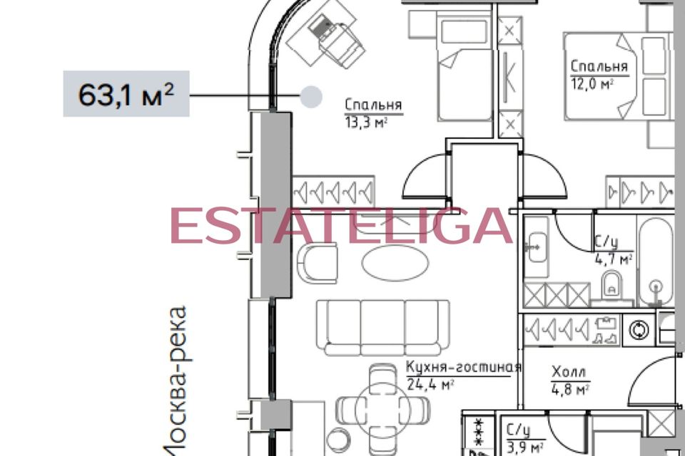 Продаётся 2-комнатная квартира, 63.1 м²