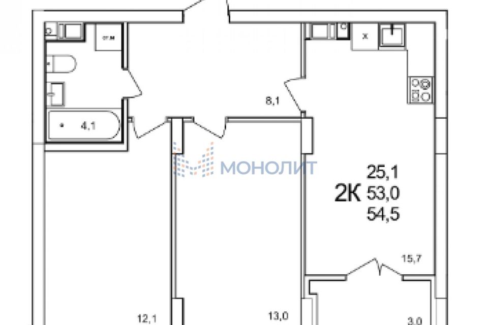 Продаётся 2-комнатная квартира, 54.3 м²