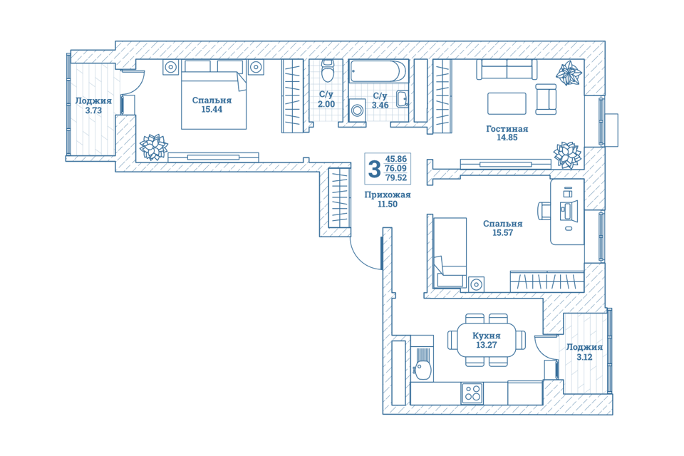 Продаётся 3-комнатная квартира, 79.7 м²