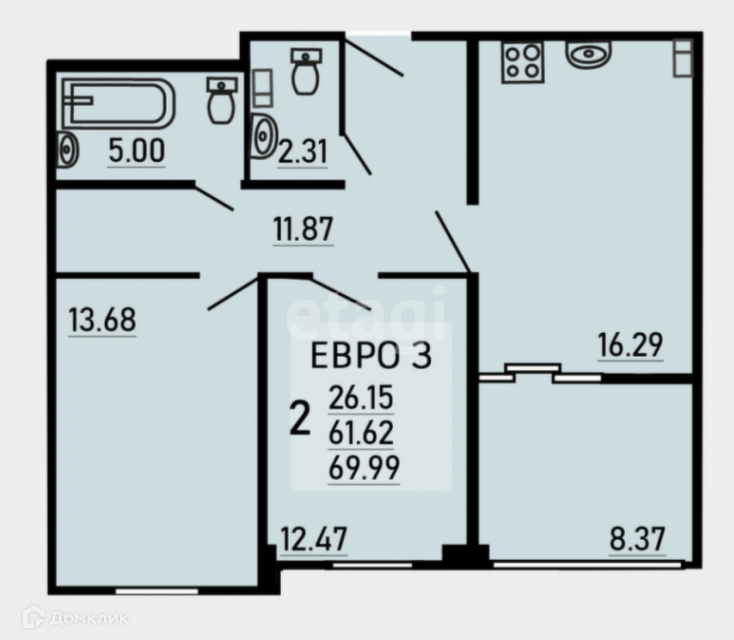 Продаётся 3-комнатная квартира, 70 м²