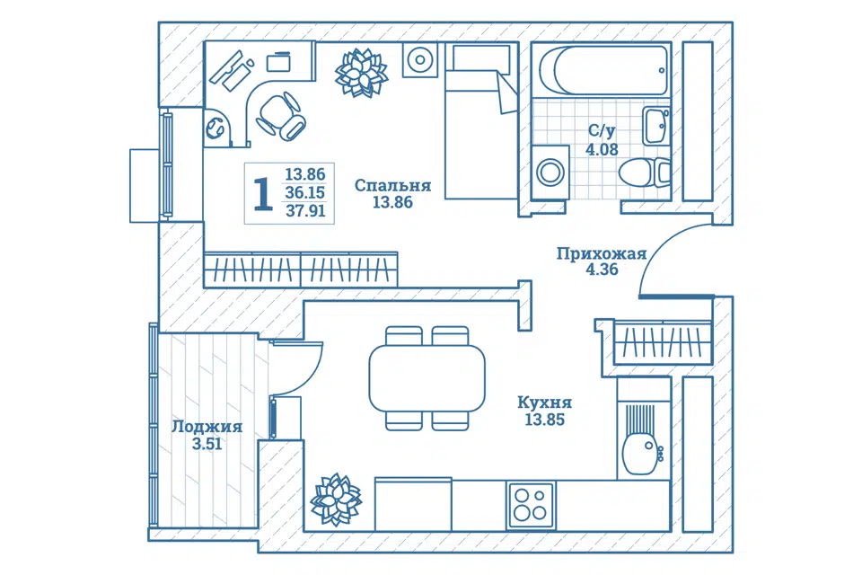 Продаётся 1-комнатная квартира, 38.3 м²