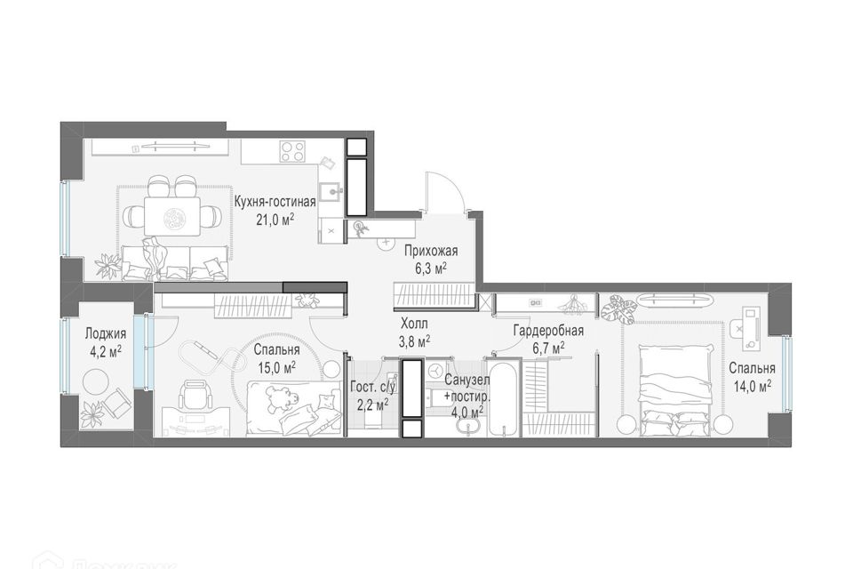 Продаётся 2-комнатная квартира, 74.8 м²