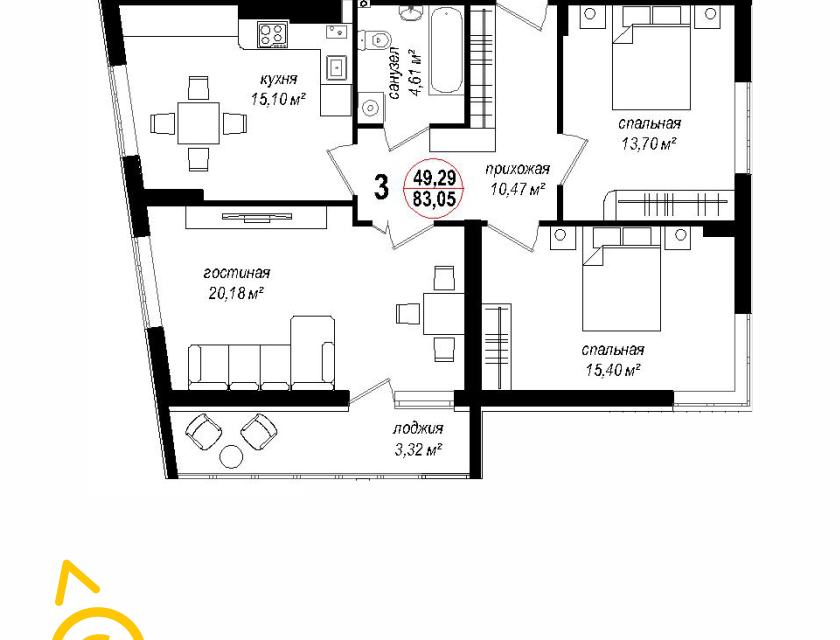 Продаётся 3-комнатная квартира, 83.5 м²