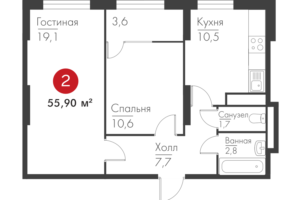 Продаётся 2-комнатная квартира, 56.2 м²