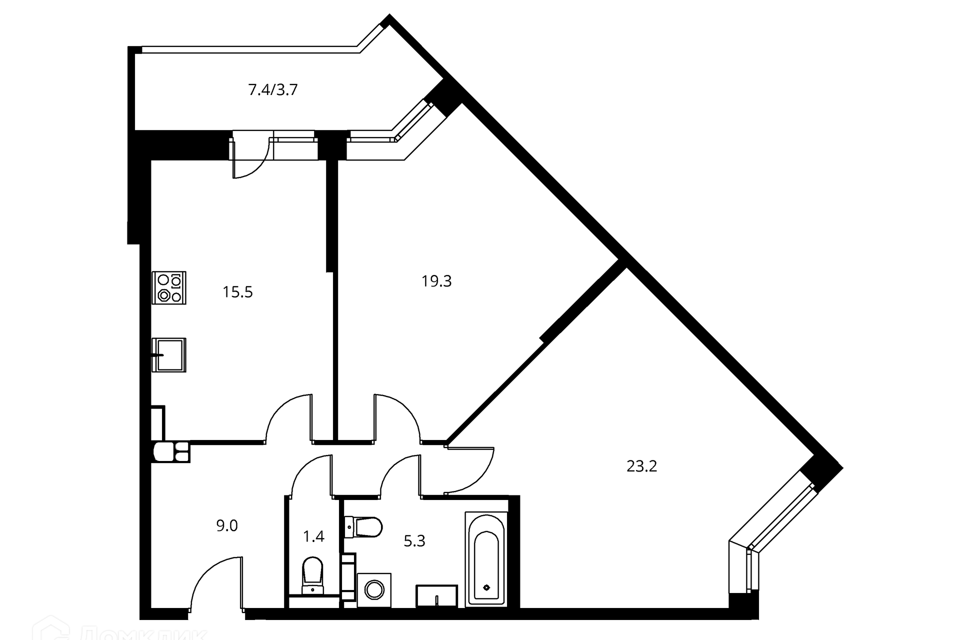 Продаётся 2-комнатная квартира, 77.29 м²