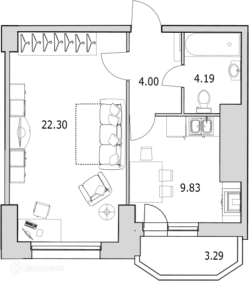 Продаётся 1-комнатная квартира, 43.2 м²
