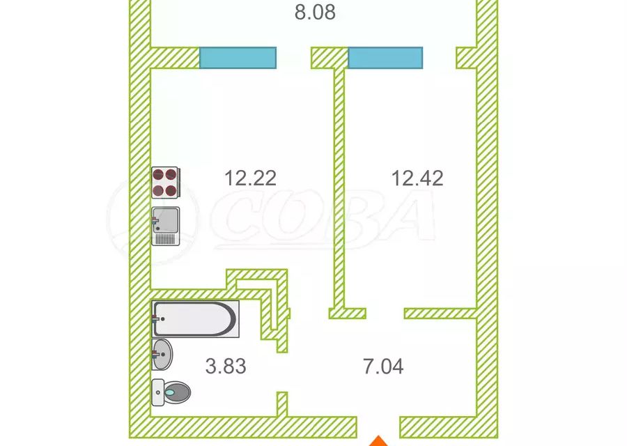 Продаётся 1-комнатная квартира, 34.9 м²