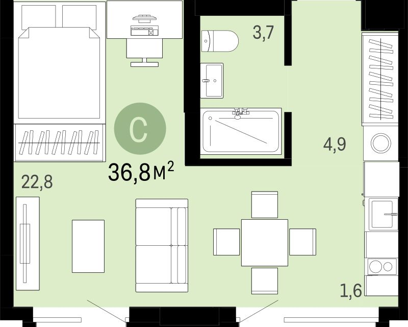 Продаётся 1-комнатная квартира, 36.8 м²