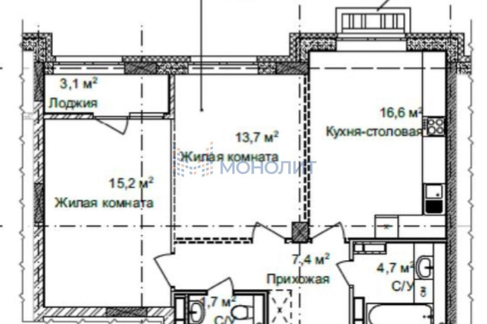 Продаётся 2-комнатная квартира, 60.9 м²