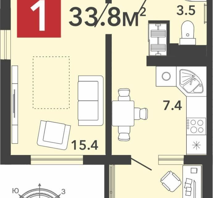 Продаётся 1-комнатная квартира, 33.8 м²