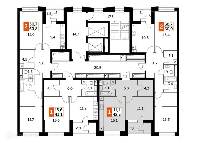 Продаётся 1-комнатная квартира, 42.5 м²