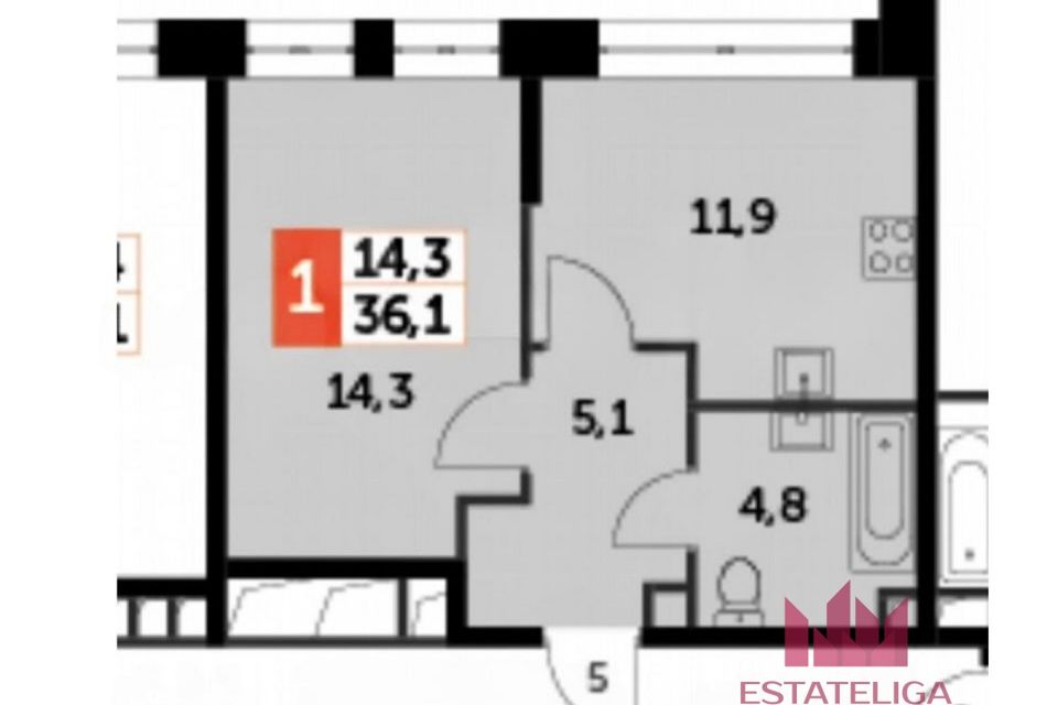 Продаётся 1-комнатная квартира, 36.1 м²