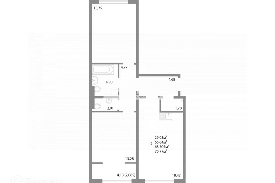 Продаётся 2-комнатная квартира, 68.7 м²