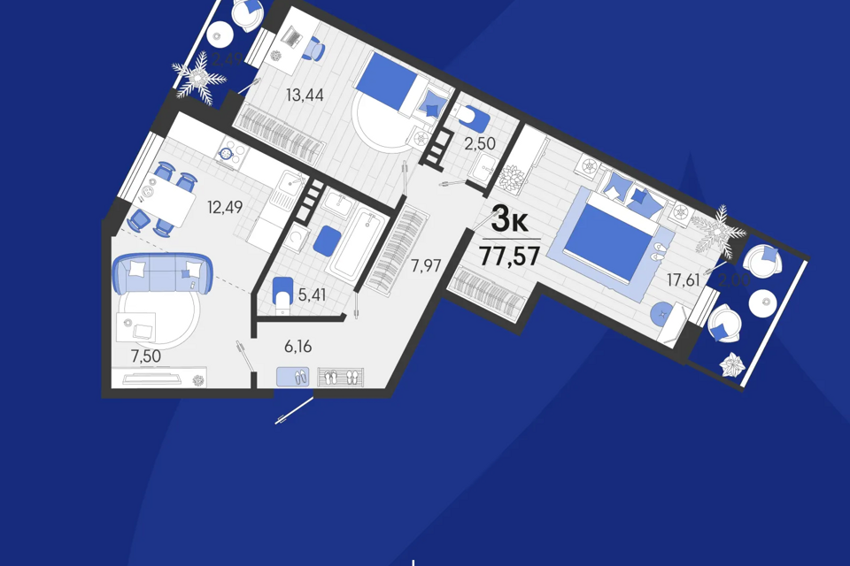 Продаётся 3-комнатная квартира, 73.2 м²