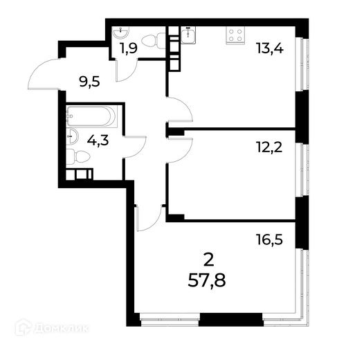 Продаётся 2-комнатная квартира, 57.9 м²