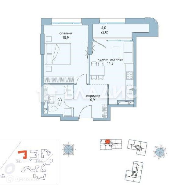 Продаётся 1-комнатная квартира, 47 м²