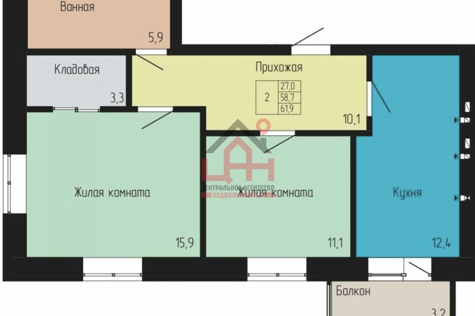 Продаётся 2-комнатная квартира, 61.9 м²