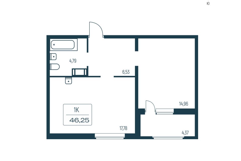 Продаётся 1-комнатная квартира, 43.6 м²