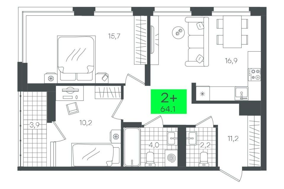 Продаётся 2-комнатная квартира, 64.1 м²