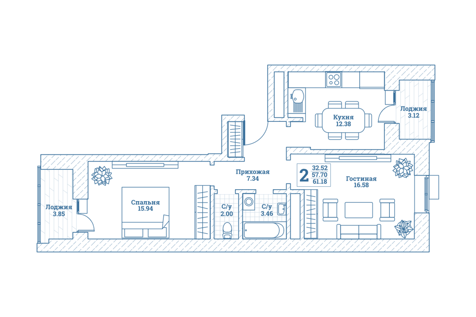 Продаётся 2-комнатная квартира, 61.3 м²