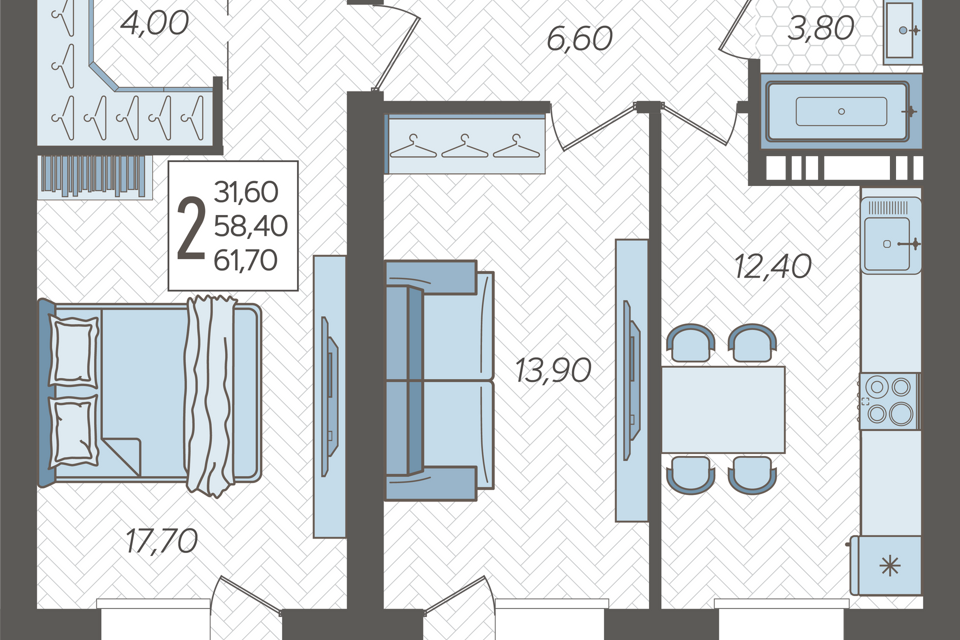 Продаётся 2-комнатная квартира, 61.7 м²
