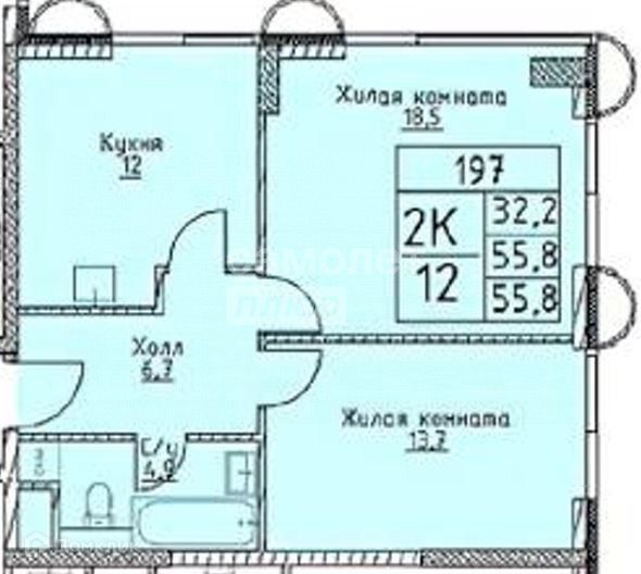 Продаётся 2-комнатная квартира, 55.8 м²