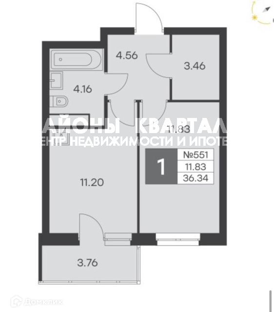 Продаётся 1-комнатная квартира, 36.34 м²