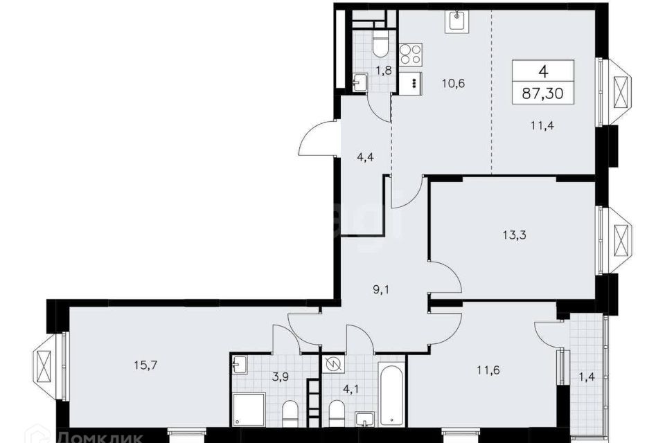 Продаётся 4-комнатная квартира, 87.3 м²