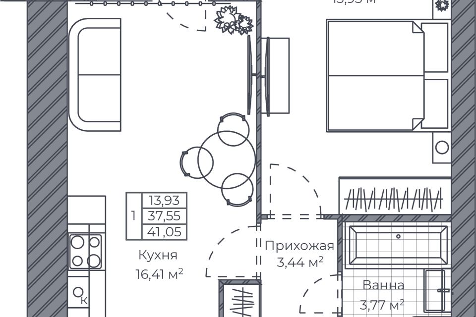 Продаётся 1-комнатная квартира, 41.05 м²