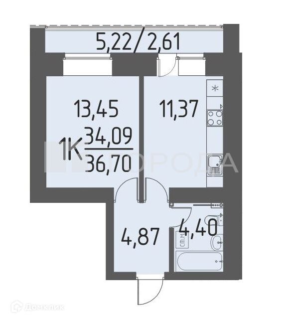 Продаётся 1-комнатная квартира, 36.7 м²