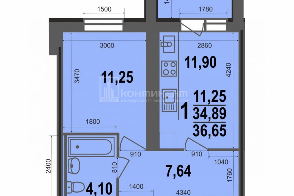 Продаётся 1-комнатная квартира, 36.65 м²