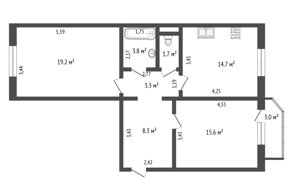 Продаётся 2-комнатная квартира, 66.3 м²