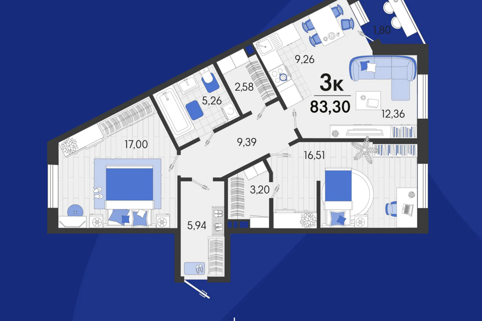Продаётся 3-комнатная квартира, 81.4 м²