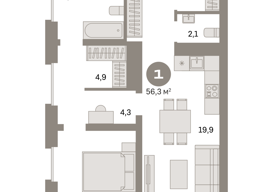 Продаётся 1-комнатная квартира, 56.3 м²