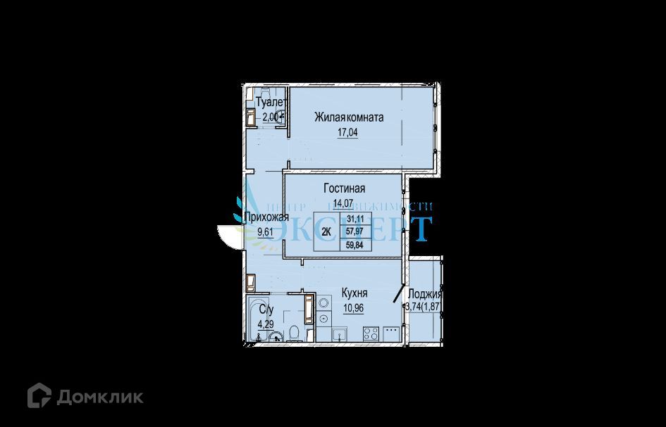 Продаётся 2-комнатная квартира, 61.71 м²