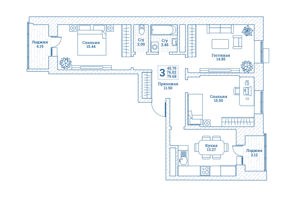 Продаётся 3-комнатная квартира, 79.6 м²