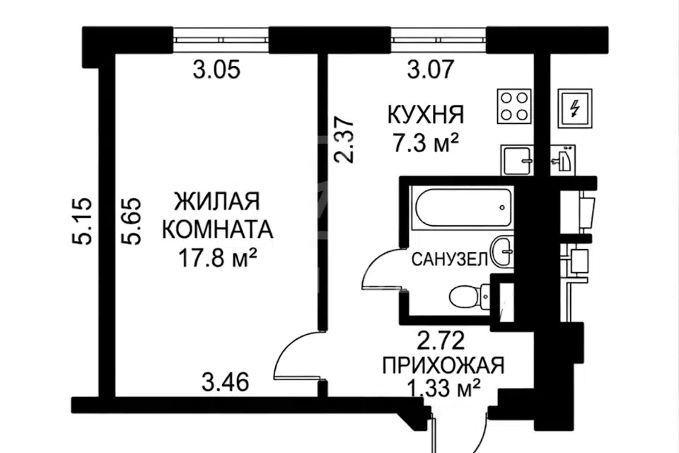 Продаётся 1-комнатная квартира, 33.1 м²