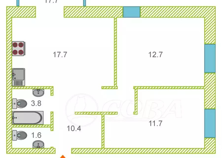 Продаётся 2-комнатная квартира, 58 м²