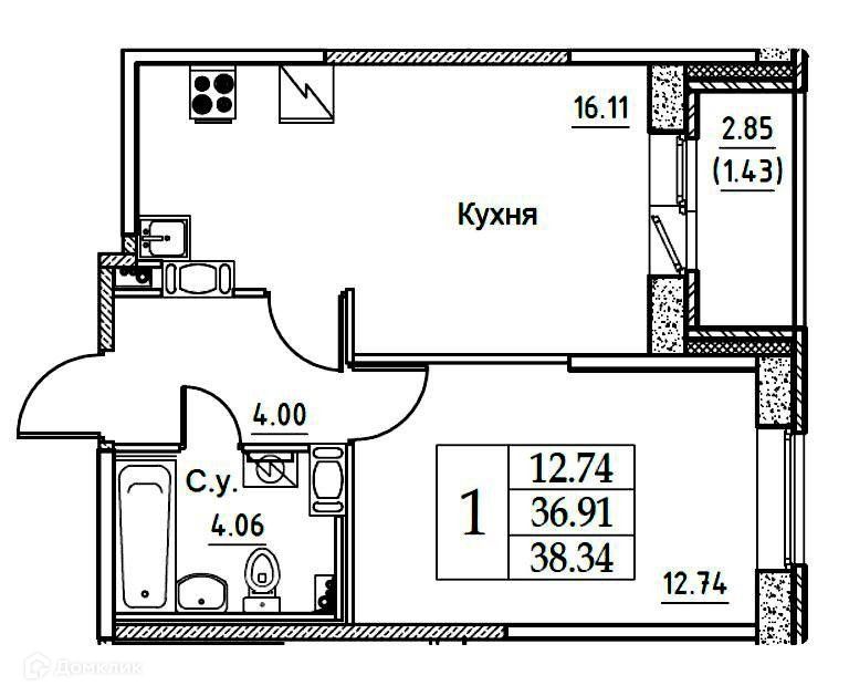 Продаётся 1-комнатная квартира, 38.34 м²