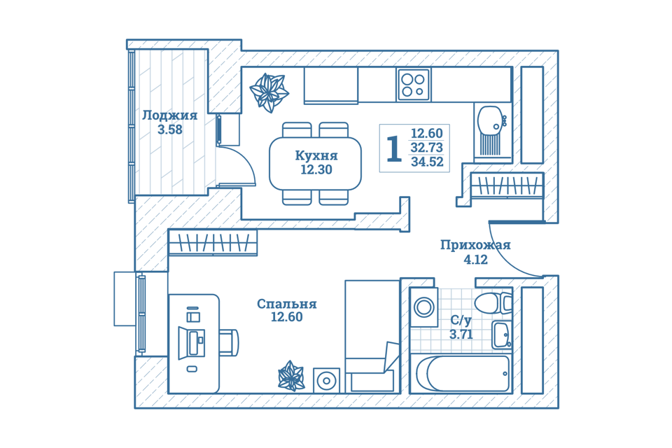 Продаётся 1-комнатная квартира, 34.5 м²